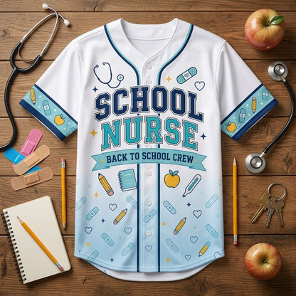 Personalized School Nurse Baseball Jersey - Custom Name Back to School Crew Athletic Shirt