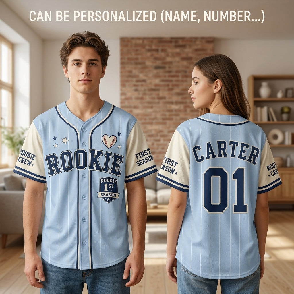 Personalized Rookie First Season Baseball Jersey - Custom Name & Number Light Blue Pinstripe Kids Shirt