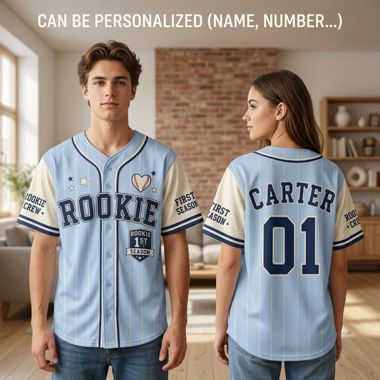 Personalized Rookie First Season Baseball Jersey - Custom Name & Number Light Blue Pinstripe Kids Shirt