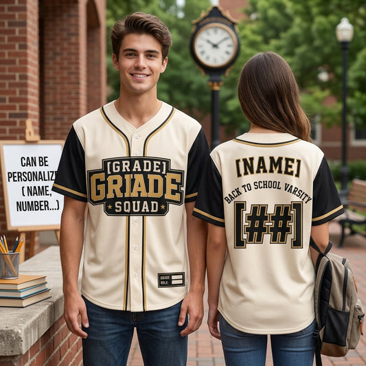 Personalized Back to School Grade Squad Baseball Jersey - Custom Varsity Name & Number Shirt