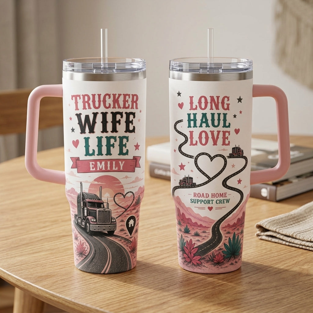 Personalized Trucker Wife Life 40oz Tumbler with Handle - Custom Name Long Haul Love Gift