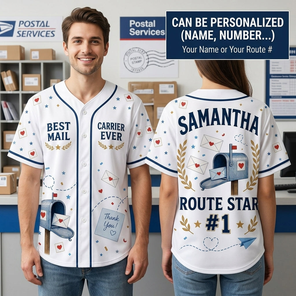 Personalized Best Mail Carrier Ever Baseball Jersey - Custom Name & Route Star #1 Postal Gift