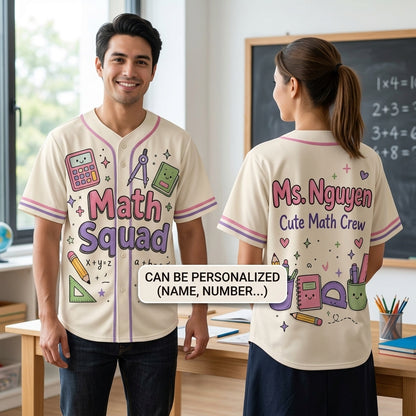 Personalized Math Squad Baseball Jersey - Custom Name Cute Math Crew Teacher Gift - Pastel Academic Theme Sporty Academic Jersey