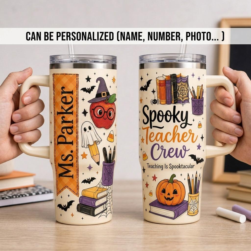 Personalized Spooky Teacher Crew 40oz Tumbler with Handle - Custom Name Halloween Teacher Gift