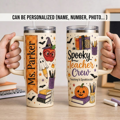 Personalized Spooky Teacher Crew 40oz Tumbler with Handle - Custom Name Halloween Teacher Gift