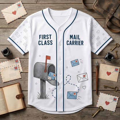 Personalized First Class Mail Carrier Baseball Jersey - Custom Name and Route Number Postal Worker Gift