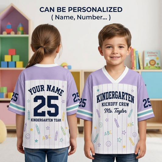 Personalized Kindergarten Kickoff Crew Football Jersey - Custom Teacher Name & Number Mesh Shirt