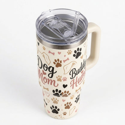 Personalized Dog Mom Tumbler 40oz with Handle - Custom Dog Name Buddy's Human Gift for Dog Lovers