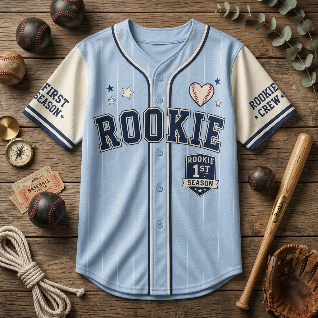 Personalized Rookie First Season Baseball Jersey - Custom Name & Number Light Blue Pinstripe Kids Shirt