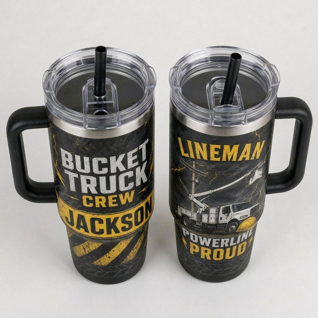 Personalized Lineman Bucket Truck Crew 40oz Tumbler with Handle - Custom Name Powerline Proud Gift