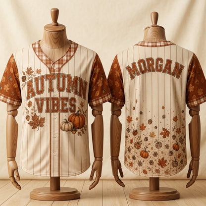 Personalized Autumn Vibes Fall Baseball Jersey - Custom Name Pumpkin & Leaf Print Button Down