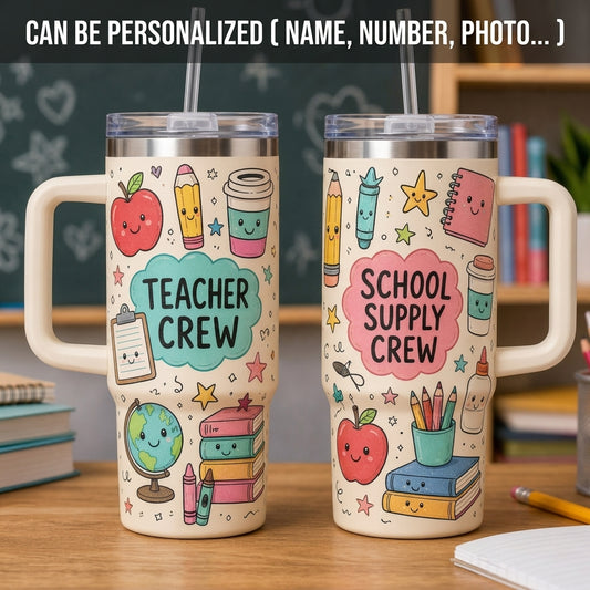 Teacher Crew Personalized 40oz Tumbler with Handle - Cute Kawaii School Supplies Design Gift for Teachers & Educators