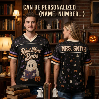 Personalized Read More Boos Halloween Football Jersey - Custom Name Ghost Book Lover Sporty Apparel
