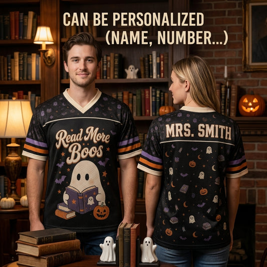 Personalized Read More Boos Halloween Football Jersey - Custom Name Ghost Book Lover Sporty Apparel