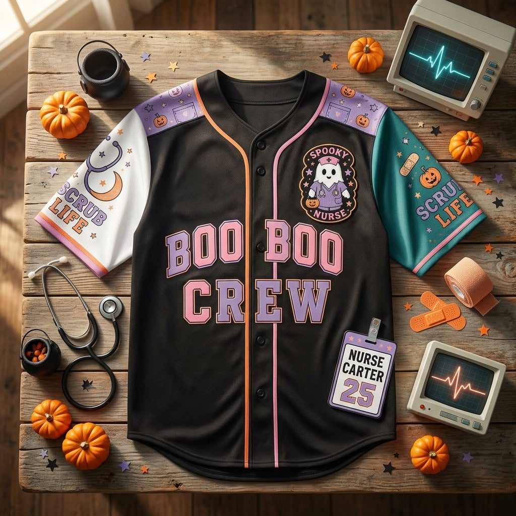 Personalized Nurse Boo Boo Crew Baseball Jersey - Custom Spooky Halloween Scrub Life Night Shift Sportswear