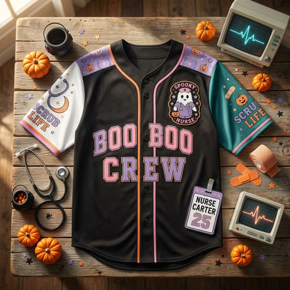 Personalized Nurse Boo Boo Crew Baseball Jersey - Custom Spooky Halloween Scrub Life Night Shift Sportswear