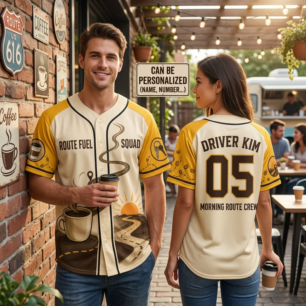 Personalized Route Fuel Squad Baseball Jersey - Custom Name & Number Morning Route Crew Coffee Shirt