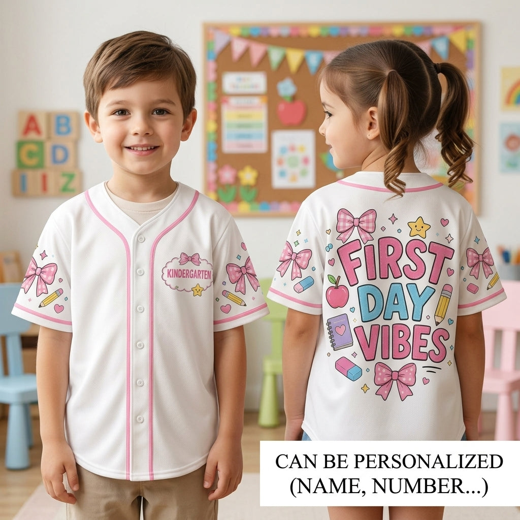 Personalized First Day Vibes Baseball Jersey - Custom Kindergarten Back to School Shirt - Pink Bow Coquette Outfit