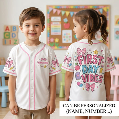 Personalized First Day Vibes Baseball Jersey - Custom Kindergarten Back to School Shirt - Pink Bow Coquette Outfit