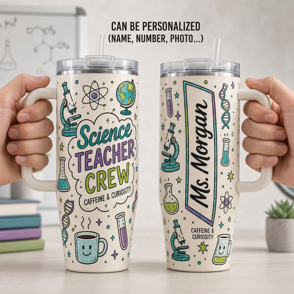Custom Science Teacher Crew 40oz Tumbler with Handle - Personalized Name STEM Teacher Appreciation Gift