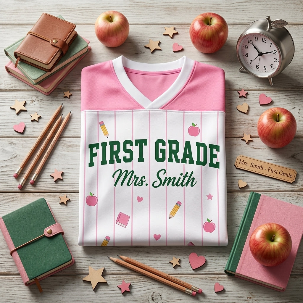 Personalized First Grade Teacher Football Jersey - Custom Name & Number Pink Sporty Mesh Shirt