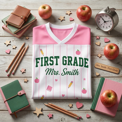 Personalized First Grade Teacher Football Jersey - Custom Name & Number Pink Sporty Mesh Shirt