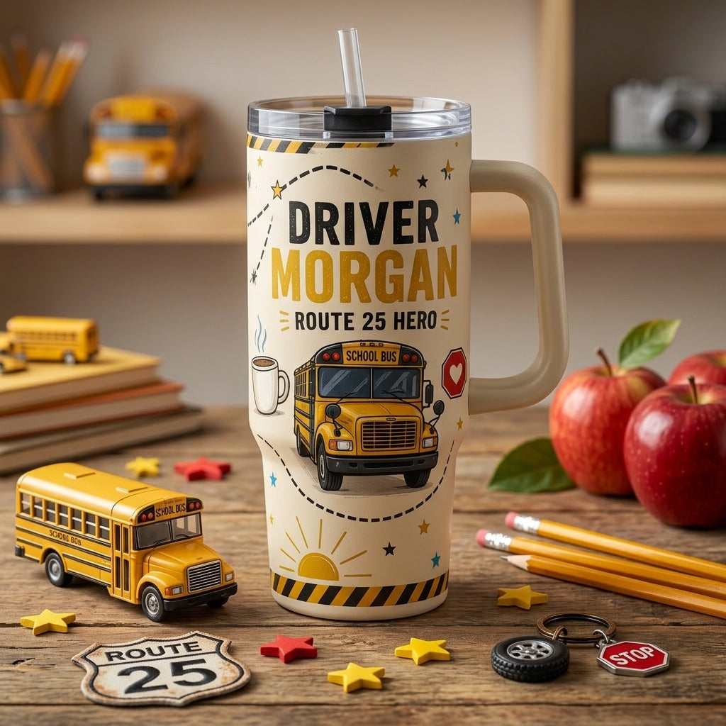 Personalized School Bus Driver 40oz Tumbler with Handle - Custom Name & Route Hero Gift