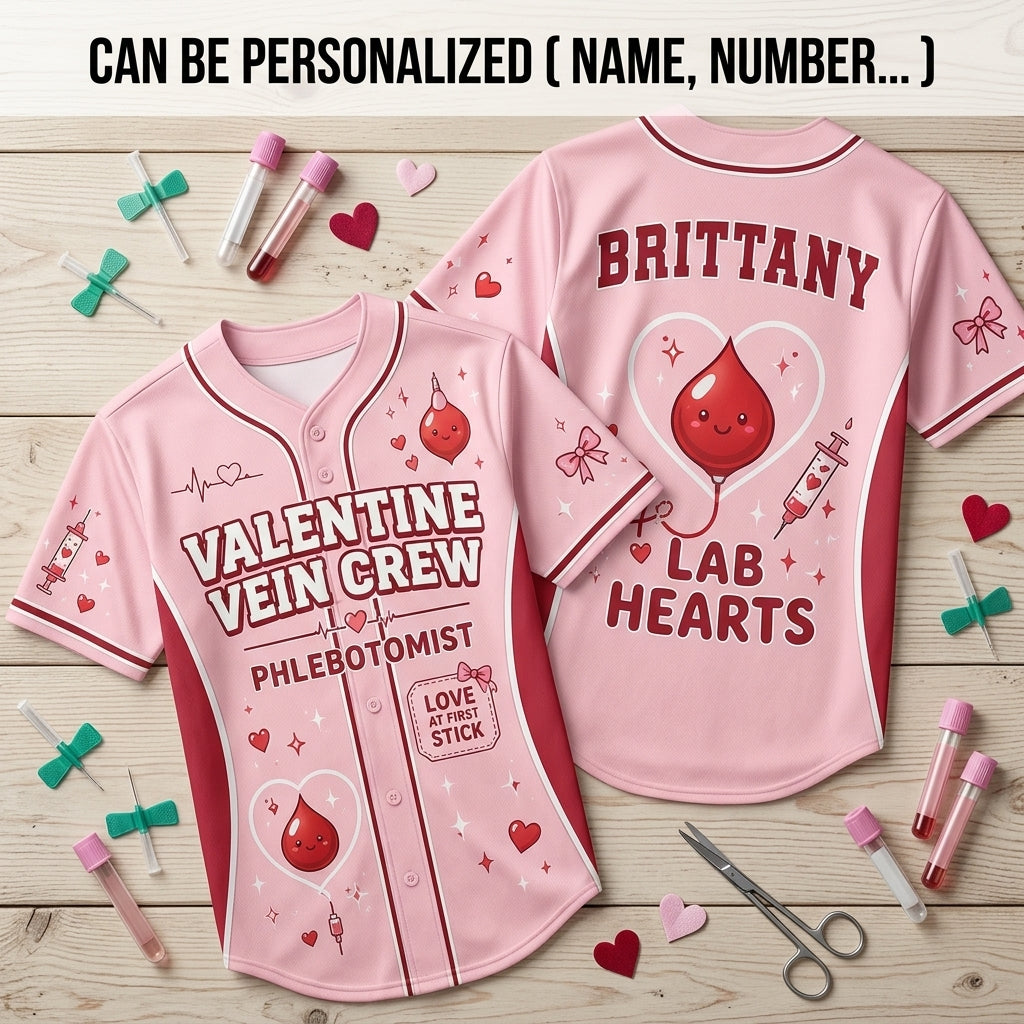 Personalized Phlebotomist Valentine Vein Crew Baseball Jersey - Custom Name Lab Hearts Nursing Shirt