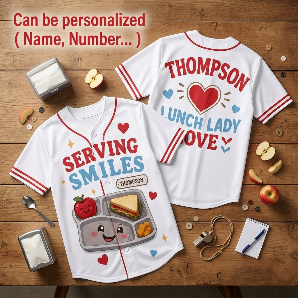 Personalized Lunch Lady Baseball Jersey - Custom Name Serving Smiles School Staff Gift