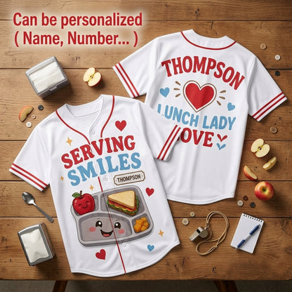 Personalized Lunch Lady Baseball Jersey - Custom Name Serving Smiles School Staff Gift
