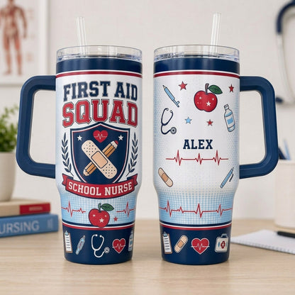Personalized First Aid Squad School Nurse 40oz Tumbler with Handle, Custom Name Medical Gift