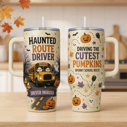 Personalized Haunted Route School Bus Driver 40oz Tumbler with Handle - Custom Name Spooky Halloween Gift