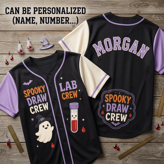 Personalized Spooky Draw Crew Halloween Baseball Jersey - Custom Lab Crew Phlebotomist Gift