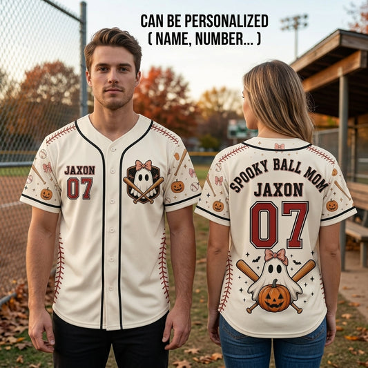 Personalized Spooky Ball Mom Baseball Jersey - Custom Name & Number Halloween Ghost Sports Shirt