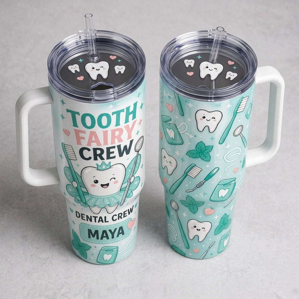 Personalized Tooth Fairy Crew 40oz Tumbler with Handle - Custom Dental Hygienist & Dentist Gift