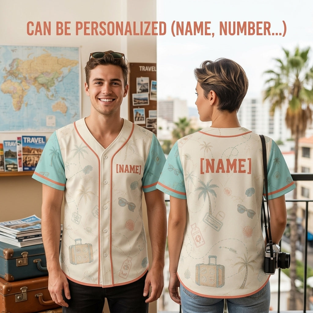 Personalized Vintage Tropical Travel Baseball Jersey - Custom Name Beach Vacation Button Up Shirt