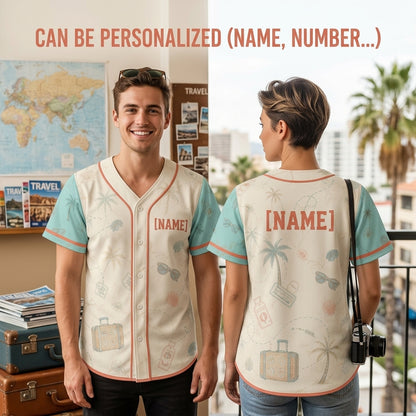 Personalized Vintage Tropical Travel Baseball Jersey - Custom Name Beach Vacation Button Up Shirt