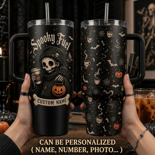 Personalized Spooky Fuel 40oz Tumbler with Handle - Custom Name Halloween Skeleton Coffee Mug
