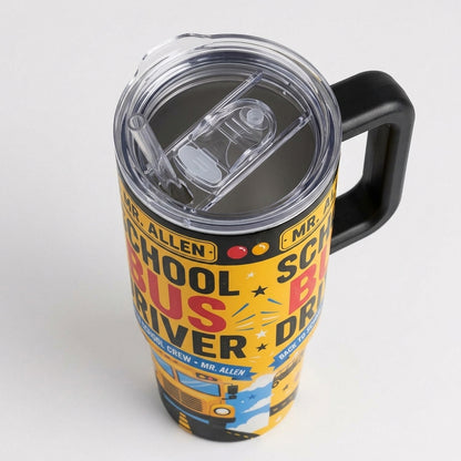 Personalized School Bus Driver 40oz Tumbler with Handle, Custom Name Back to School Gift for Drivers