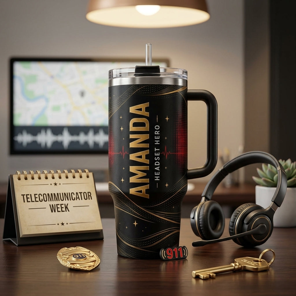 Personalized 911 Dispatcher 40oz Tumbler with Handle - Custom Headset Hero Calm Voice Gift
