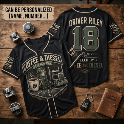 Personalized Coffee & Diesel Open Road Fuel Baseball Jersey - Custom Name and Number Trucker Gift