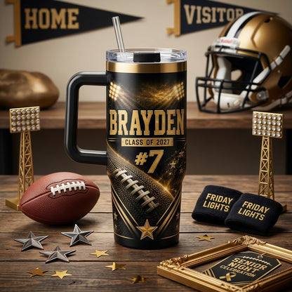 Personalized Football Senior Night 40oz Tumbler with Handle - Custom Name, Number, and Class Year