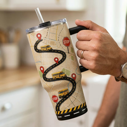Personalized No GPS Needed School Bus Driver 40oz Tumbler with Handle - Custom Name & Route