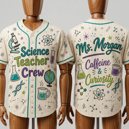Personalized Science Teacher Crew Baseball Jersey - Custom Name STEM Educator Gift, Caffeine & Curiosity Jersey