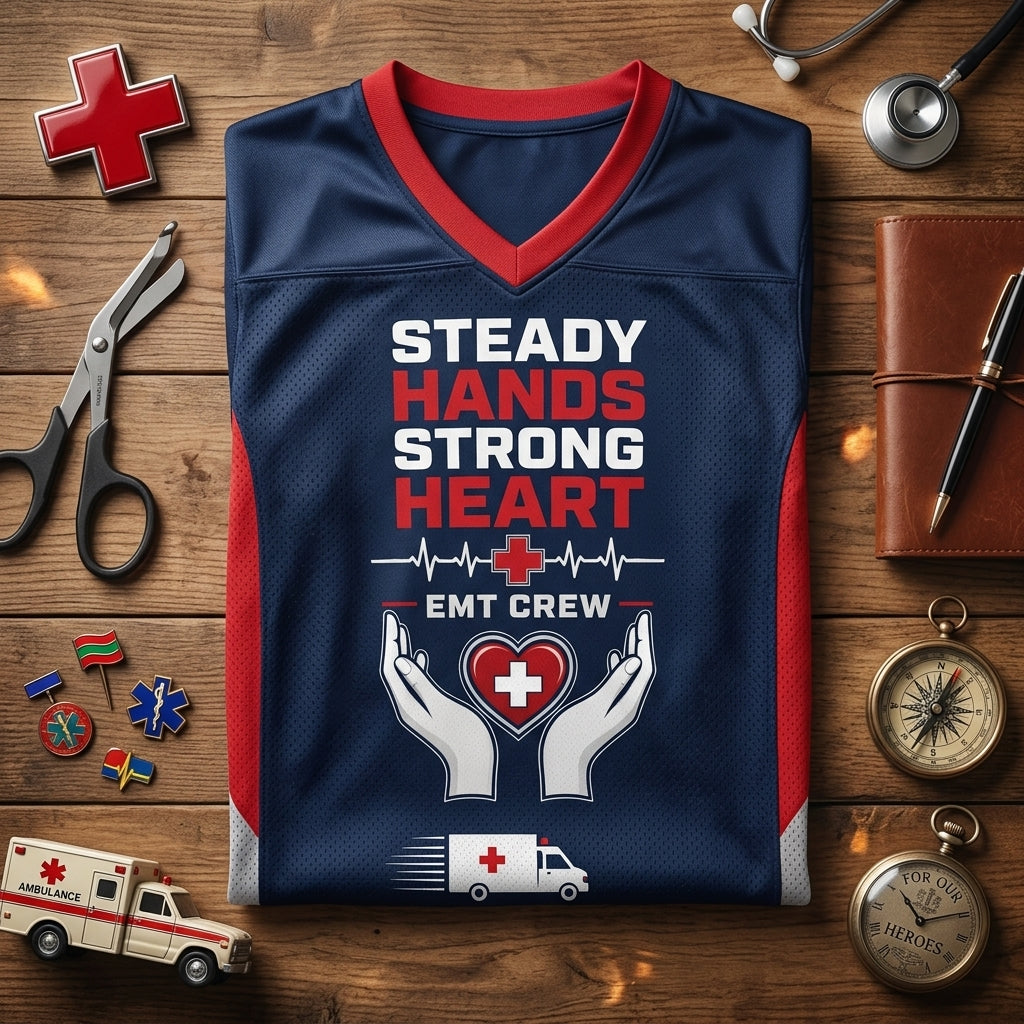 Personalized EMT Football Jersey - Steady Hands Strong Heart Custom Name First Responder Apparel