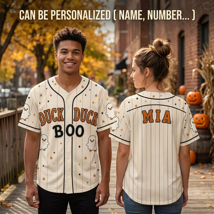 Personalized Duck Duck Boo Halloween Baseball Jersey - Custom Ghost Duck Name Sporty Shirt