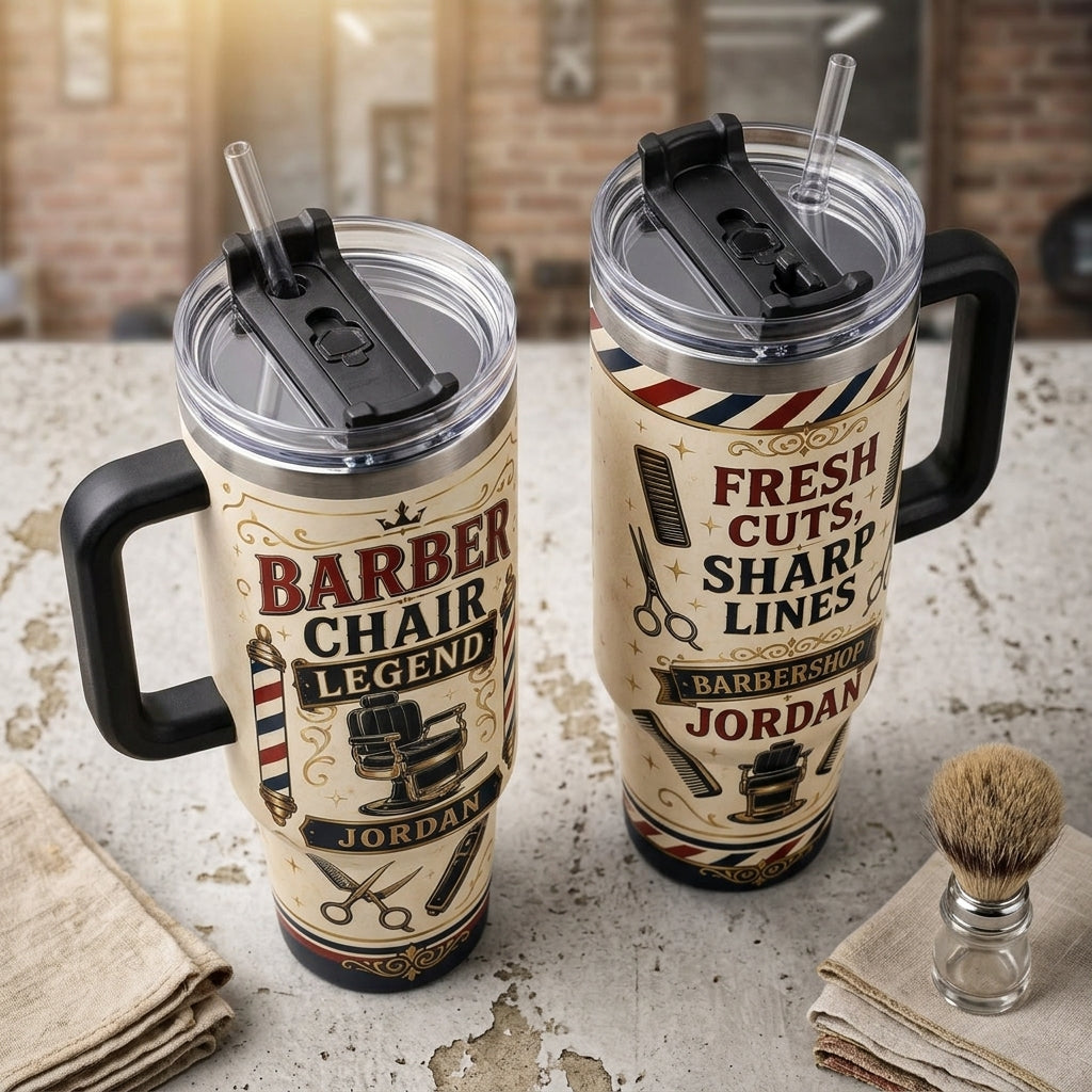 Personalized Barber Chair Legend 40oz Tumbler with Handle - Custom Name Vintage Barbershop Gift