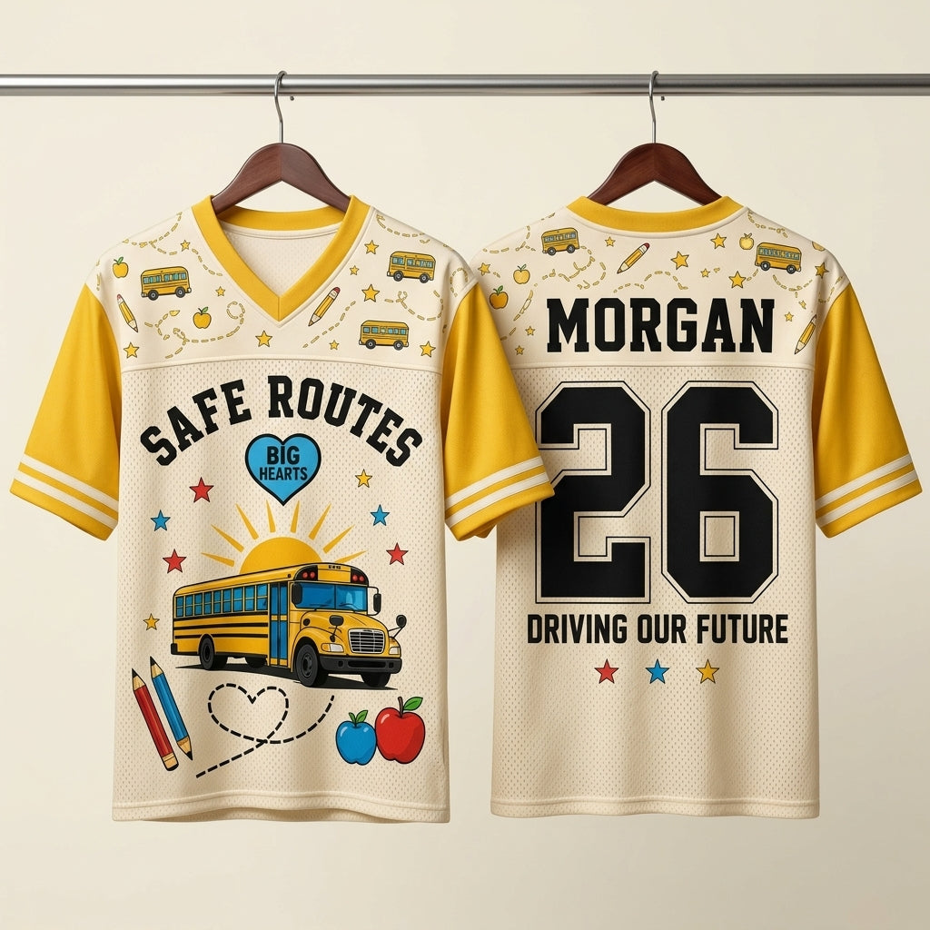 Personalized School Bus Driver Football Jersey - Custom Name & Number Mesh Shirt - Safe Routes Big Hearts