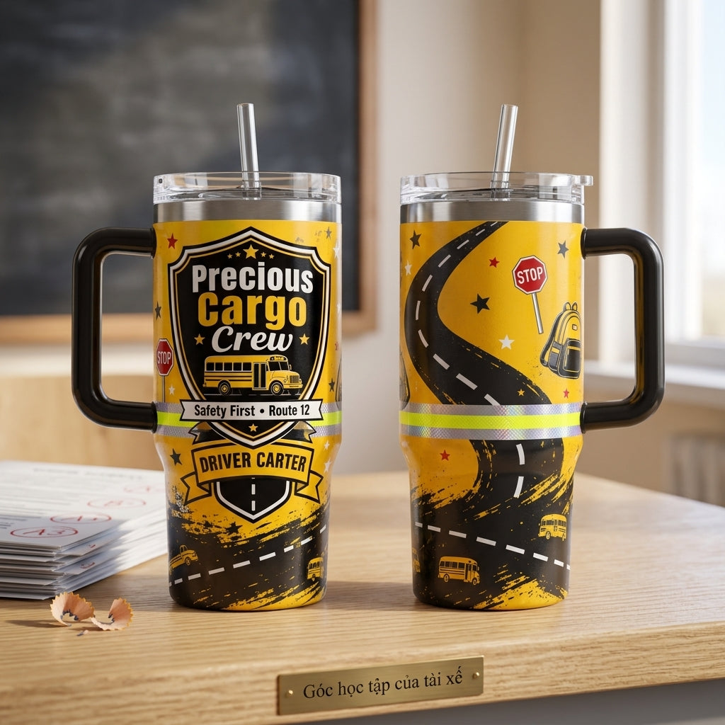 Personalized Precious Cargo Crew School Bus Driver 40oz Tumbler with Handle - Custom Name and Route Gift