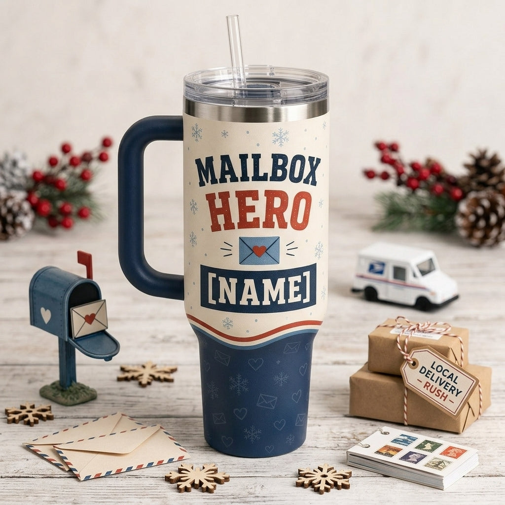 Personalized Mailbox Hero 40oz Tumbler with Handle - Custom Name Gift for Mail Carrier & Postal Worker - 40oz tumbler mockup 3